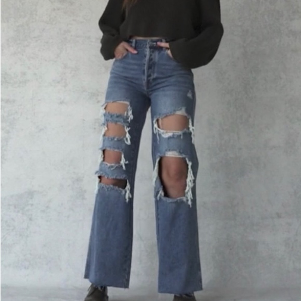 PacSun Medium Blue Distressed High Waisted Baggy Jeans